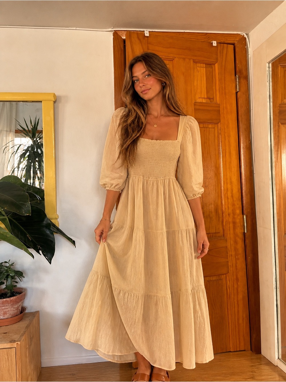 Beige Puff-Sleeve Maxi Dress - Women